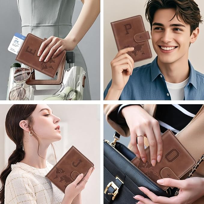 Passport Holder Wallet Cover Personalized Initial Travel Essentials | Embossed Letter A-Z Design, Travel Wallets, RFID Blocking, Passport Book Holders, Women Men, Personalized Gifts, Brown-P