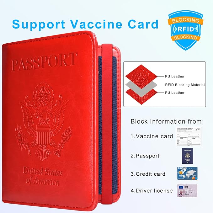 ACdream RFID BLOCKING Passport Holder Travel Wallet - Premium PU Leather Cover Passport book with Card Holder, Pen Slot, Keep Organization, and Travel Essentials for Women and Men, Red