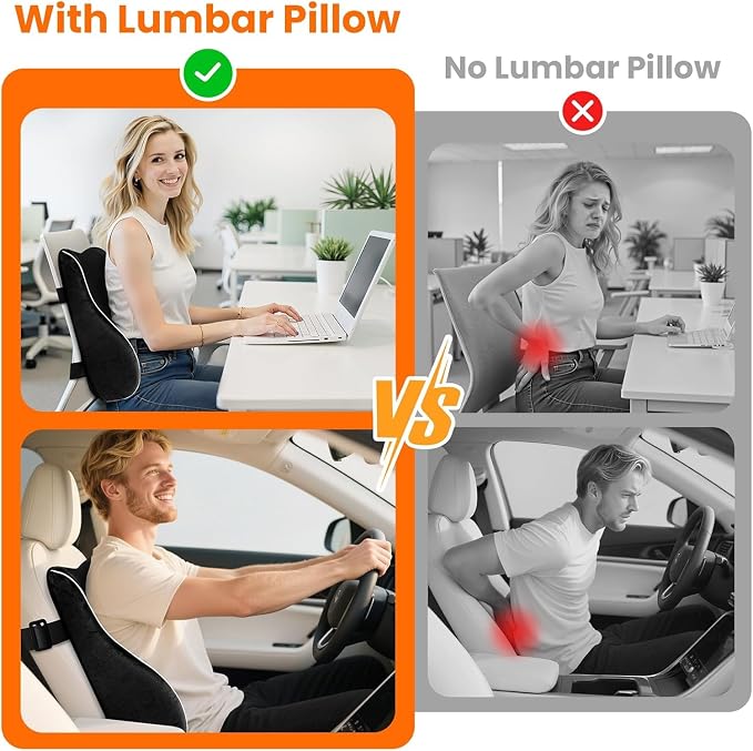 CloudBliss Lumbar Support Pillow, Memory Foam for Office, Standard, Black | Ergonomic High-Density Memory Foam, Adjustable Straps, Washable Mesh Cover, Lower Back Support for Office, Gaming & Car Seat