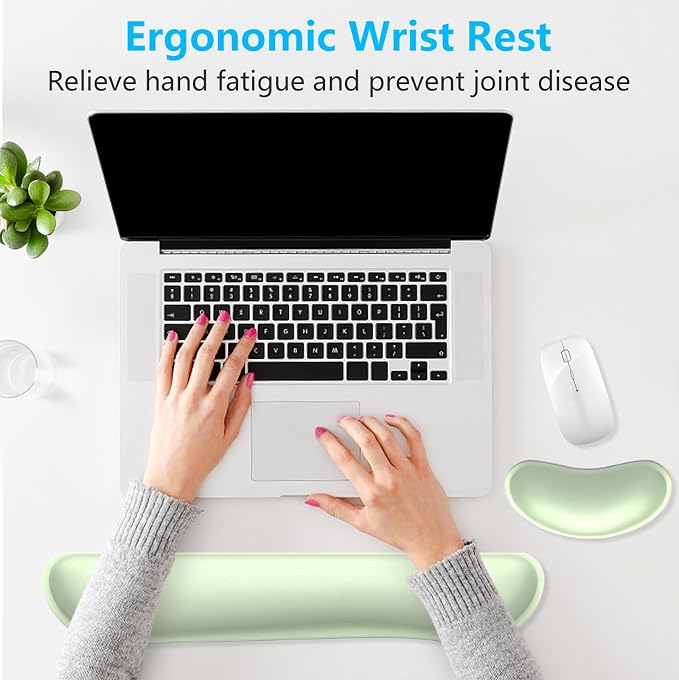 Dapesuom Enlarge Keyboard Wrist Rest, Memory Foam Wrist Cushion for Desk Mats Support, Cute Typing Pain Relief Keyboard Mouse Pad Rests Set with Non-Slip Base for Gaming Laptop Office, Lake Green