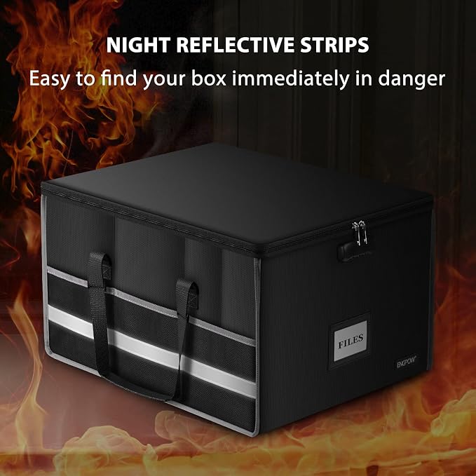 ENGPOW Fireproof Document Box with Lock, File Storage Organizer Box with Inserts ＆Mesh Pockets, Collapsible Portable Large Filing Cabinet Safe for Hanging Both Letter and Legal Folders(19"x16"x11")