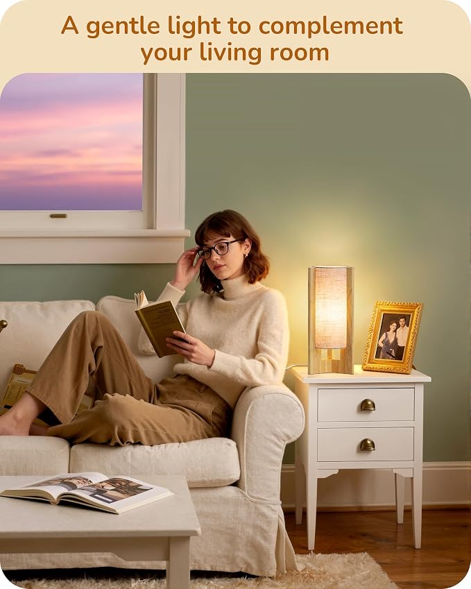 EDISHINE Small Cute Table Lamp, Natural Wood Nightstand Lamp, 13.5", E26 | Cylinder, Beige Linen Shade, On-Off Line Switch, Three-Sided Base, Corner Modern Bedside Lamp for Living Room, Bedroom