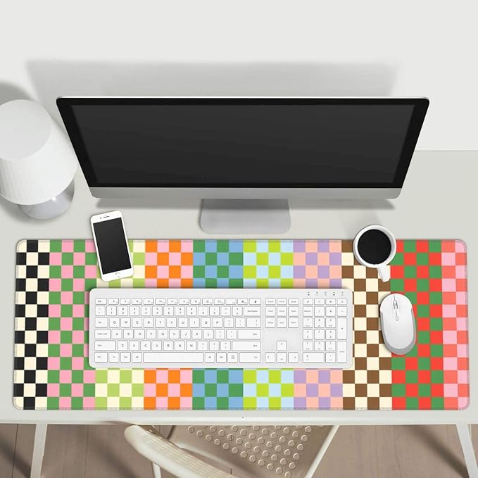 Colorful Checkerboard Gaming Mouse Pad Extended Desk Mat 31.5x11.8in | Gaming Mousepad, Non-Slip Rubber Base, Large Keyboard Pad with Stitched Edges, Desktop Protector, for Office Home