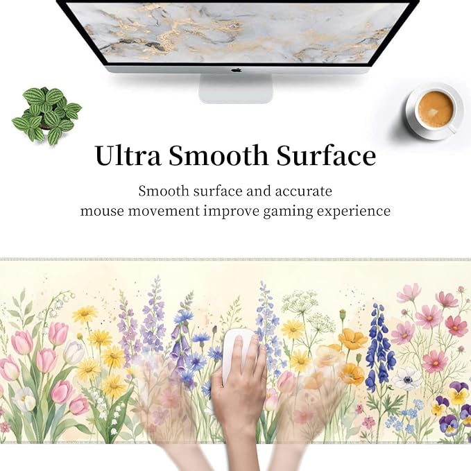 Watercolor Flowers Gaming Mouse Pad Extended Desk Mat 31.5x11.8in | Gaming Mousepad, Non-Slip Rubber Base, Large Keyboard Pad with Stitched Edges, Desktop Protector, for Office Home