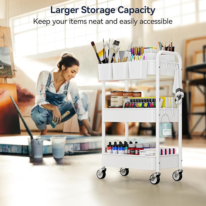 3 Tier Rolling Cart, Heavy Duty Metal Utility Cart with Wheel White | Sturdy Rolling Storage Cart With Hooks & Hanging Cups, Great For Craft, Art Workspace, Kitchen ,Snack And Office Storage