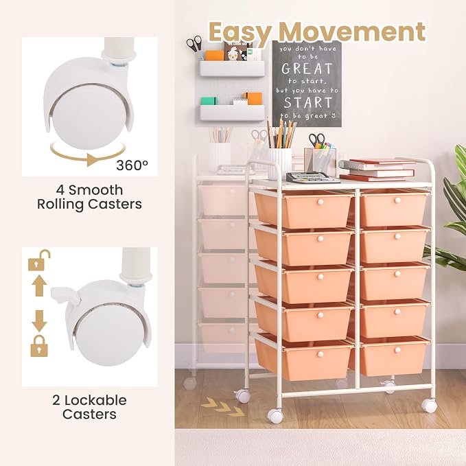 COSTWAY 10 Drawer Rolling Storage Cart, Utility Cart with Lockable Wheels | Mobile Art Supply Craft Organizer with Metal Frame, Multipurpose Drawer Cart for Paper for Office, School, Peach