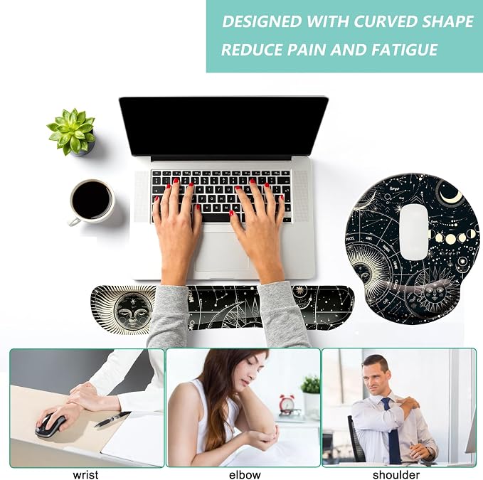 Keyboard Wrist Rest Pad Mouse Pad with Wrist Support Set of 3, Mousepad with Non-Slip Rubber Base, Ergonomic Memory Foam Mouse Wrist Cushion Support for Home Office Laptop Computer, Moon Phase