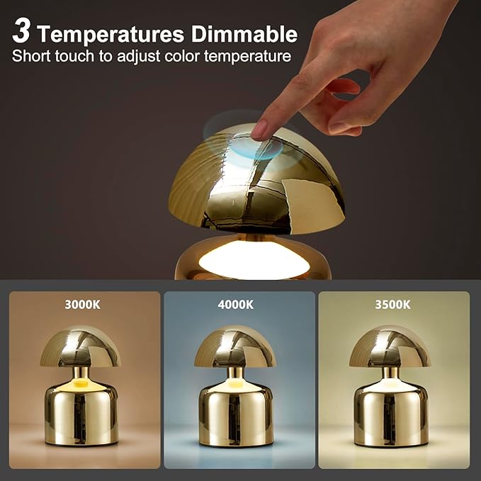 SAIWEYA Modern Cordless Mushroom Small Table Lamp, Dimmable Touch Battery | 3-Way Dimmable, Mini Rechargeable LED Desk Lamp, Night Light, Bedside Nightstand Lamps for Bedroom, Living Room
