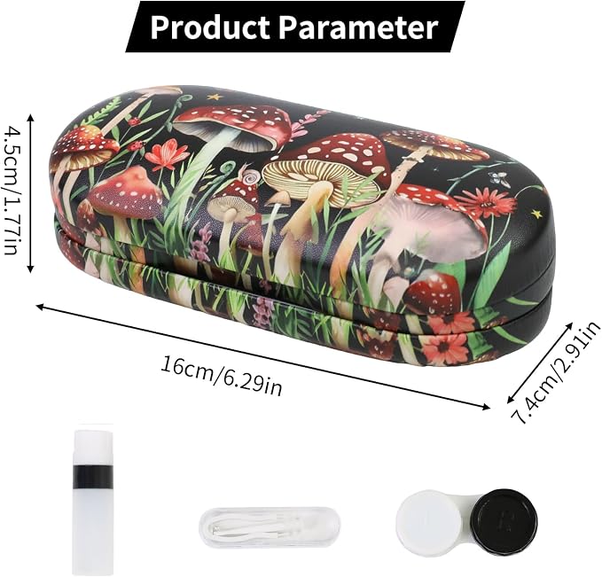 2 in 1 Contact Lens Case and Eyeglasses Case for Women Men Kids, Double Sided Hard Shell Portable Glasses Travel Holder with Built-in Mirror, Contact Lens Box Storage Kit (Black Mushroom)