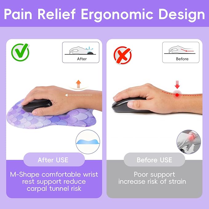 Mouse Pad with Wrist Rest Ergonomic Mouse Pad with Comfortable M-Shape Pain Relief Wrist Support Non-Slip PU Base Mousepad for Laptop, Office & Home (Purple Mermaid)