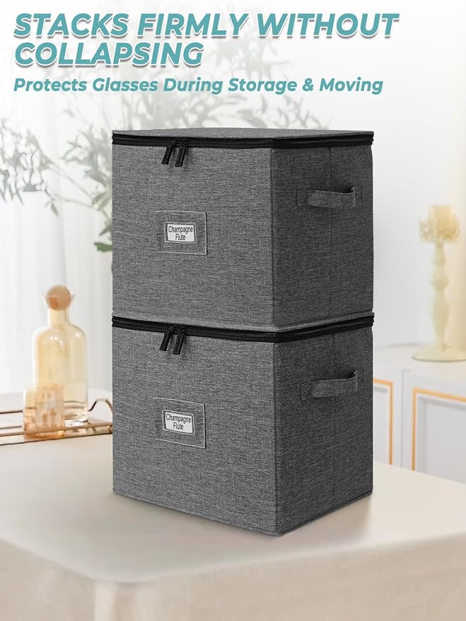 Cirhy Champagne Glass Storage Box, Hard-Shell Protection with Dividers, Stackable Glassware Organizer for Moving & Storage, Fits Flutes, Stemware & Wine Glasses, 2 Pack, Grey