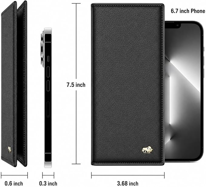 BISON DENIM Long Wallet for Men, RFID Leather Bifold, 12 Card Slots, Black | mens long bifold wallet checkbook billfold credit card holder id window zipper coin pocket slim cowhide purse organizer