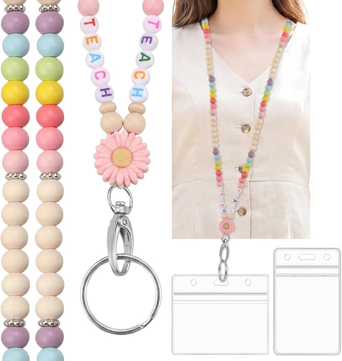 Teacher Lanyard for ID Badges Wooden Beaded Lanyard with ID Holder for Teachers Doctors Office Staff in Schools, Hospitals, and Workplaces Carrying Keys or Access Cards (Pink)