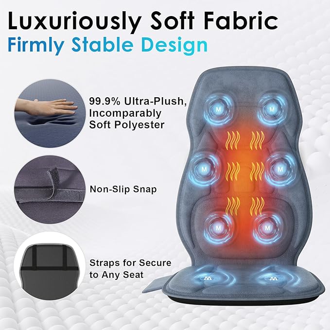 Back Massager with Soft Plush Fabric Cover, Massage Seat Cushion with 8 Vibration Motors & 2 Heating Levels, Chair Massager for Recliner, Office Chair, Sofa Use, Gifts for Dad Mom
