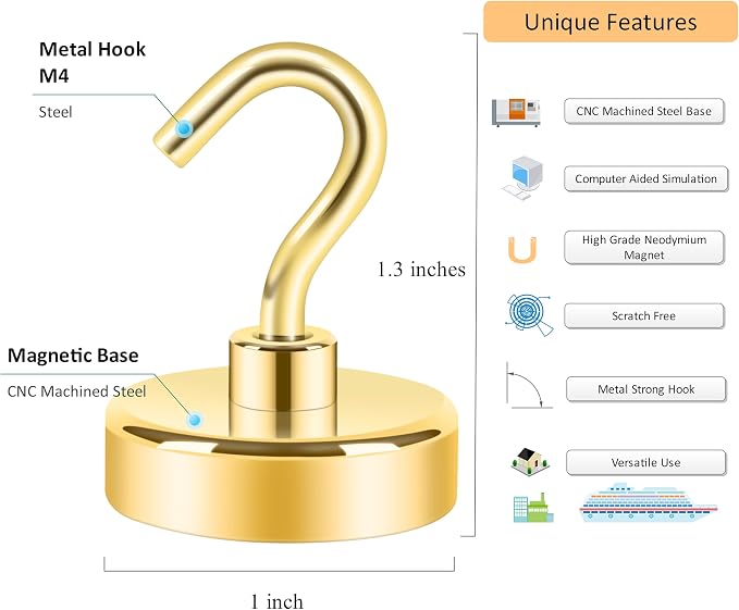 Neosmuk Magnetic Hooks, Heavy Duty 85lb+ Strong Magnet Hook for Cruise Cabins, Cruise Essentials 2026 for Hanging, Metal Wall Refrigerator Hangers (Golden, 10 Pack)