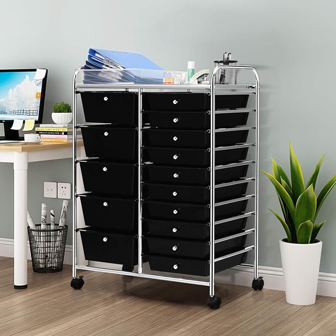 15 Drawer Rolling Storage Cart, Rolling Cart with Drawers for Classroom, Art Supply Craft Organizer on Wheel with Metal Frame & Handles for Home Office School