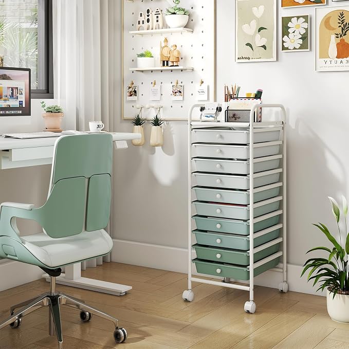 Storage Cart, Rolling Utility Cart with 10 Drawers, Portable Handles & Lockable Wheels, Mobile Paper Toys Storage Organizer Large Capacity for Home Office School Teacher (Gradient Green)
