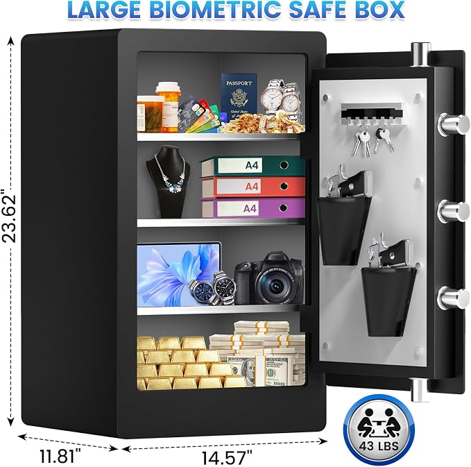 5.5 Cuft Large Biometric Safe For Home, Heavy Duty Safe Box | with Fingerprint & Keypad Dual-alarm system and 3 Movable Shelves , Large Document Safes for Money Jewelry