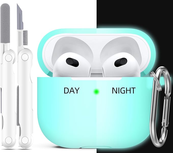 R-fun Compatible with AirPods 3 Case Cover, Silicone Protective Accessories Skin with Keychain Compatible with Apple AirPod 3rd Generation 2021 for Women Men Girls Boys,Front LED Visible,Glow Blue