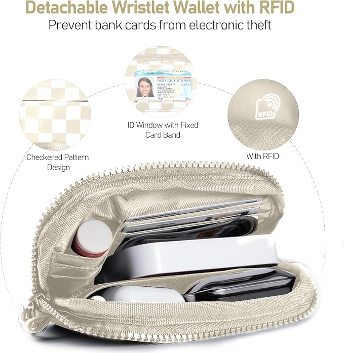Tiostep Clip and Go Strap for Phone with Wallet Crossbody Phone Lanyard Adjustable and Detachable RFID Wristlet Wallet (Beige Yellwo Checkered, Medium)
