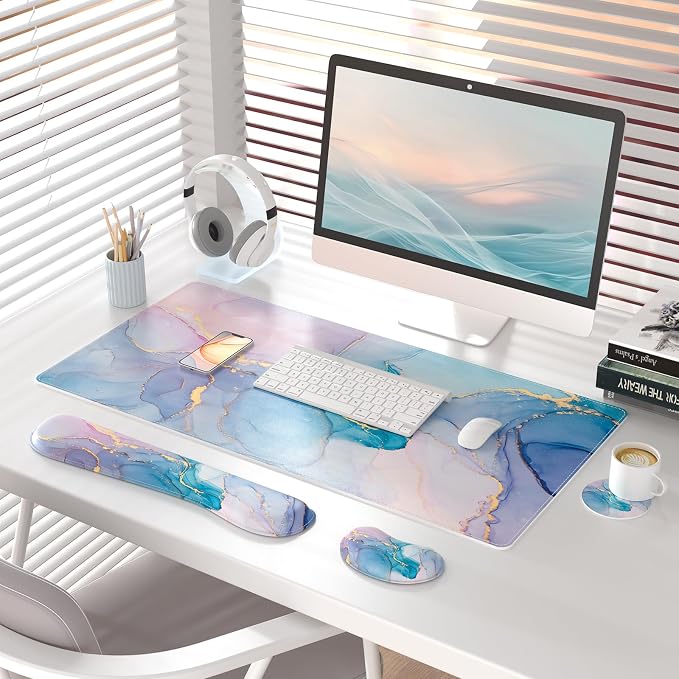 QIYI PU Leather Desk Mat Set, 4-in-1 Ergonomic Wrist Rest, Blue Pink Fluid | Waterproof Large Mouse Pad 31.5×15.7 + Keyboard Wrist Rest + Mouse Wrist Support+Coaster, Non-Slip Office Gaming Accessories