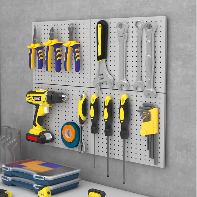 Peg Board,4 Pack Metal Pegboard Panels with 8 Hooks,PegBoard Wall Organizer,16"x12" Steel PegBoard for Walls,Tools,Garage,Office,Kitchen