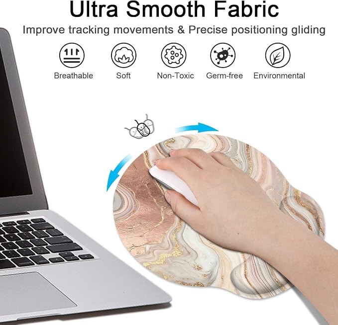Ergonomic Mouse Pad Set with Wrist Rest, Gold Pink Marble | Abstract Non-Slip Rubber Base Wrist Cushion Support and Coasters Mousepad with Wrist Support for Computer Keyboard