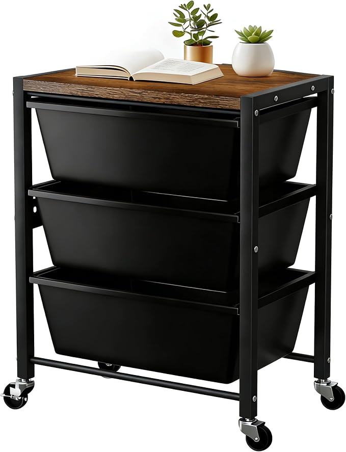 Rolling Cart with 3 Drawers, Plastic Drawer Storage Carts with Lockable Wheels & Wooden Tabletop, Metal Utility Cart Organizer, Office Bedroom Classroom Craft Organization and Storage, Dark Black
