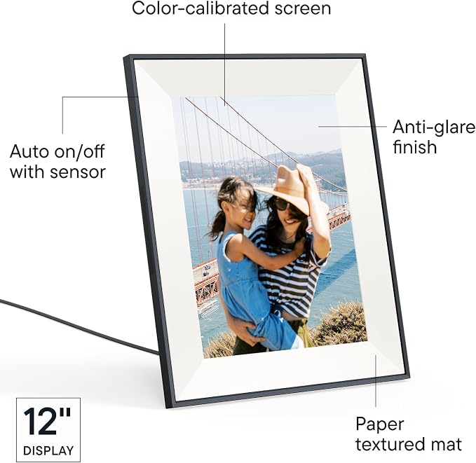 Aura 12" HD WiFi Digital Picture Frame – Free Unlimited Cloud Storage – Send Photos from Phone – No Subscription – Auto On/Off – Gift for Parents & Grandparents (Black Mat, 12")