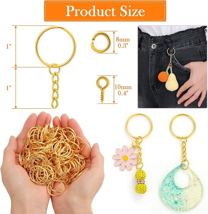 Audab 360Pcs Gold Keychain Bulk, 120Pcs Key Rings with Chain and 120Pcs Open Jump Rings with 120Pcs Screw Eye Pins for Crafts and Jewelry Making