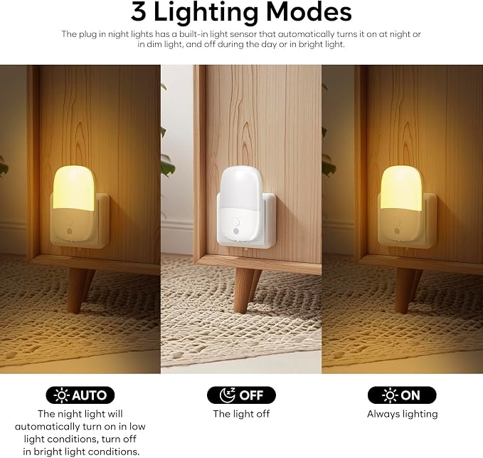 LED Night Light Plug into Wall, 2 Pack Dimmable Night Lights with Dusk to Dawn Sensor & Retractable Plug & 3 Adjustable Brightness, 3000K Warm Nightlight for Adults/Kids/Bedroom/Stair/Hallway/Kitchen