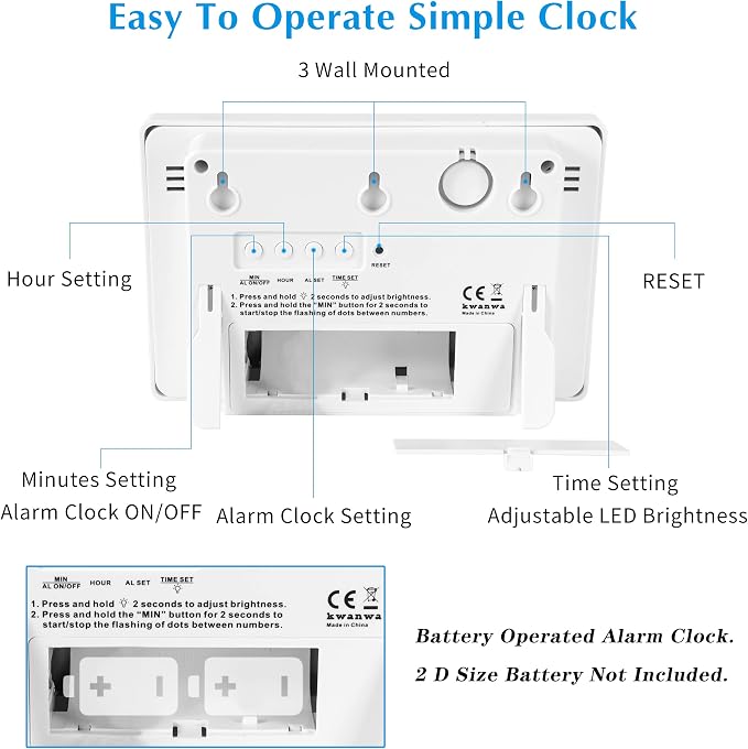 KWANWA Large Digital Alarm Clock, 3" LED Display Battery Operated, Dimmable Auto Night Mode, Easy to Read for Seniors Visually Impaired, Cordless Wall Clock or Table Clock for Bedroom Kitchen RV