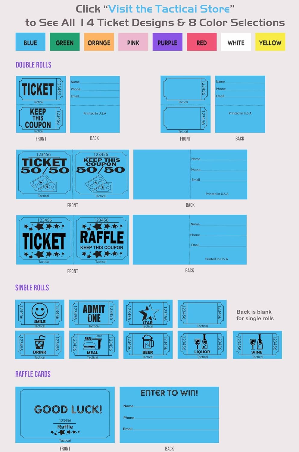 Tacticai 250 Raffle Tickets, Blue (1 of 8 Colors), Raffle Cards, Entry Form with Name, Phone & Email for Events, Fundraiser & Prizes