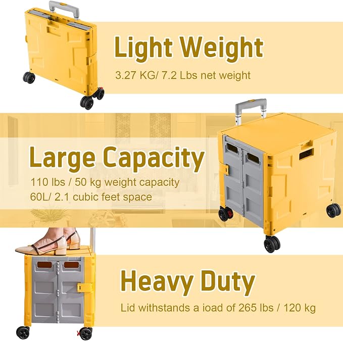 FELICON Folding Utility Cart Rolling Crate Handcart Basket Tote-Yellow+Gray | Collapsible Hidden Lid,Plastic Box,Telescoping Handle,4 Rotate Wheels for Travel Shop Move Grocery Laundry Office Teacher Use