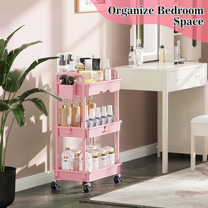 SUNALLY 3 Tier Rolling Cart with Drawer, Craft Storage Cart Organizer, Pink | Bathroom Storage Organizer with 2 Lockable Wheels, Rolling Utility Cart for Kitchen, Office, Baby, Makeup, Nail,Snack,Laundry