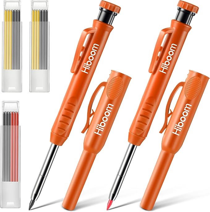 Hiboom 2 Pack Carpenter Pencils with Pencil Cap and 18 Refills, Orange | Mechanical Pencil, Deep Hole Marking, Built-In Sharpener, Long Nose Tip, Pocket Clip, Marks Many Surfaces, Woodworking Use