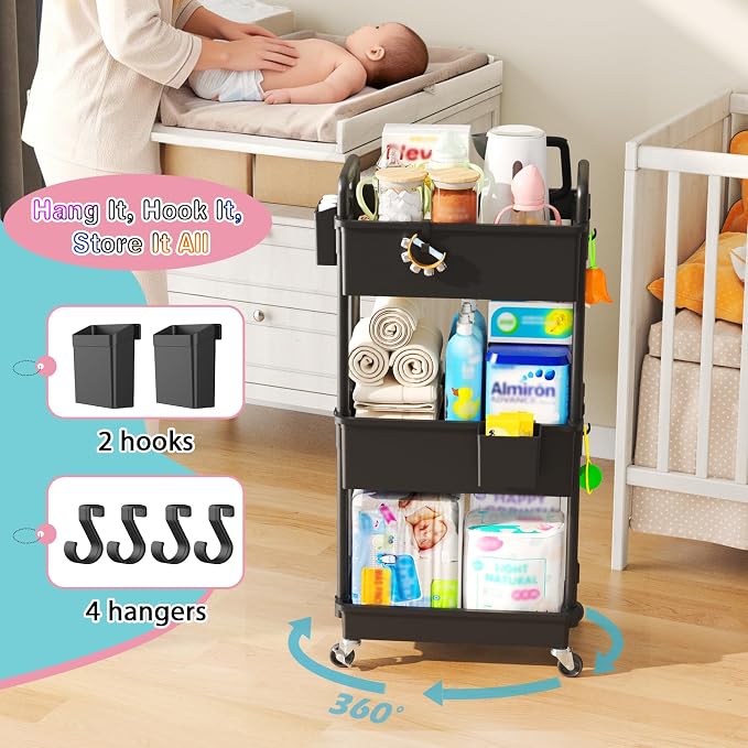 SUNALLY Baby Diaper Caddy Cart,3 Tier Rolling Diaper Cart for Nursery | Large Capacity & Easy Assemble Diaper Storage Organizer with Lockable Wheels for Newborn, New Mom, Baby Girl Boy Essentials