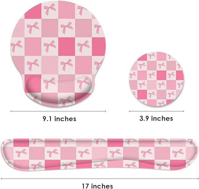 Ergonomic Mouse Pad Set with Wrist Rest, Pink Bow | Checkered Kawaii Non-Slip Rubber Base Wrist Cushion Support and Coasters Mousepad with Wrist Support for Computer Keyboard