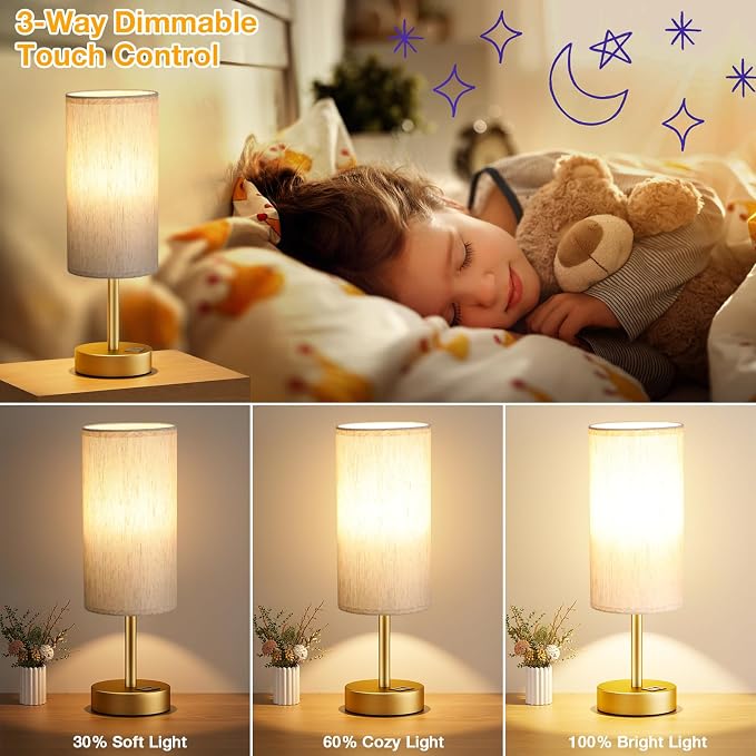 Dicoool Bedside Table Lamp for Bedroom - 3-Way Dimmable Touch Lamp, USB A+C | LED Bulb Included, 14" Small Nightstand Lamp for Desk, Living Room, Guest Room, Cream Fabric Lampshade, Gold Metal Base