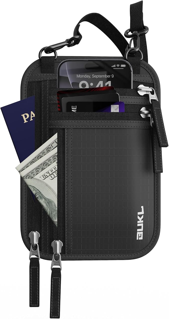 Navigator Travel Neck Wallet; RFID Blocking Pouch and Passport Holder for Travel with Neck and Waist Carry Modes; Travel Document Holder for Passports, Cards, Cash and Mid-Size Phones (Black)