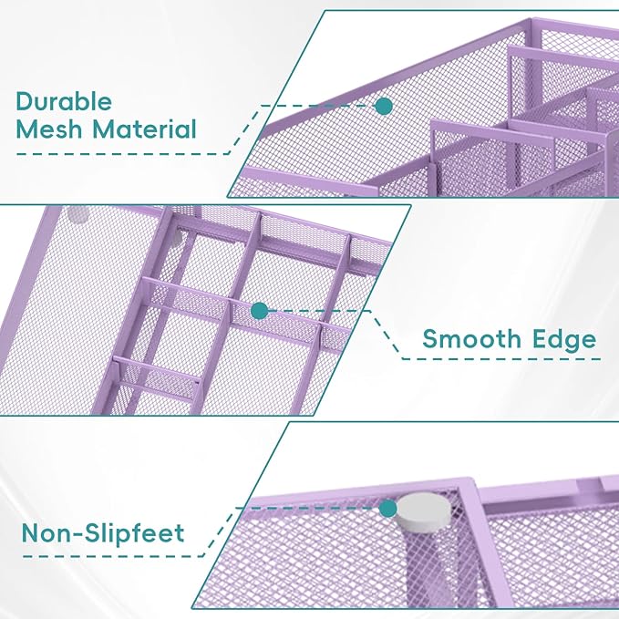 Expandable Desk Drawer Organizer Tray with 10 Adjustable Compartments, Metal Mesh Office Drawer Organizer, Versatile Desk Organizer for Home, School Supplies, Makeup Vanity & Jewelry (Purple)