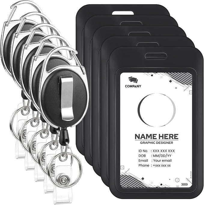 5 Pack Badge Holder Retractable Clip Heavy Duty Reels with Vertical Sliding ID Badge Holder Black Hard Plastic for Women Nurse Teacher Student