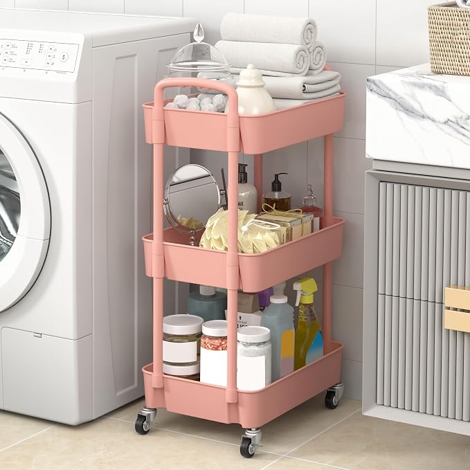 Sywhitta 3-Tier Plastic Rolling Utility Cart with Handle, Multi-Functional Storage Trolley for Office, Living Room, Kitchen, Movable Storage Organizer with Wheels, Pink | Multi-Functional Storage Trolley, for Office, Living Room, Kitchen, Bathroom,Mova...