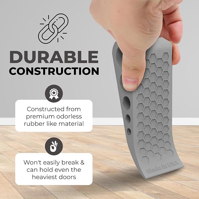 Door Stoppers for Bottom of Door Premium Floor Rubber Door Stop Wedge Made in USA Heavy Duty Honeycomb Design for Carpet, Tile, Ideal for Home, School, Commercial,Gray 3 Pack