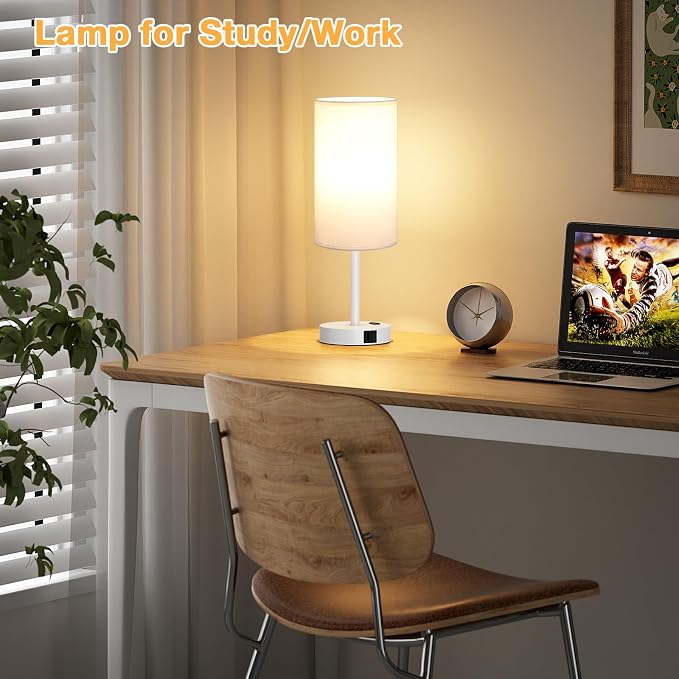 Dicoool 17.4" Bedside Lamp for Bedroom - Dimmable Touch, USB A+C, AC Outlet | LED Bulb Included, 3-Way Dimmable, 17.4" Table Lamp for Living Room, Dorm, White Fabric Lampshade, White Metal Base