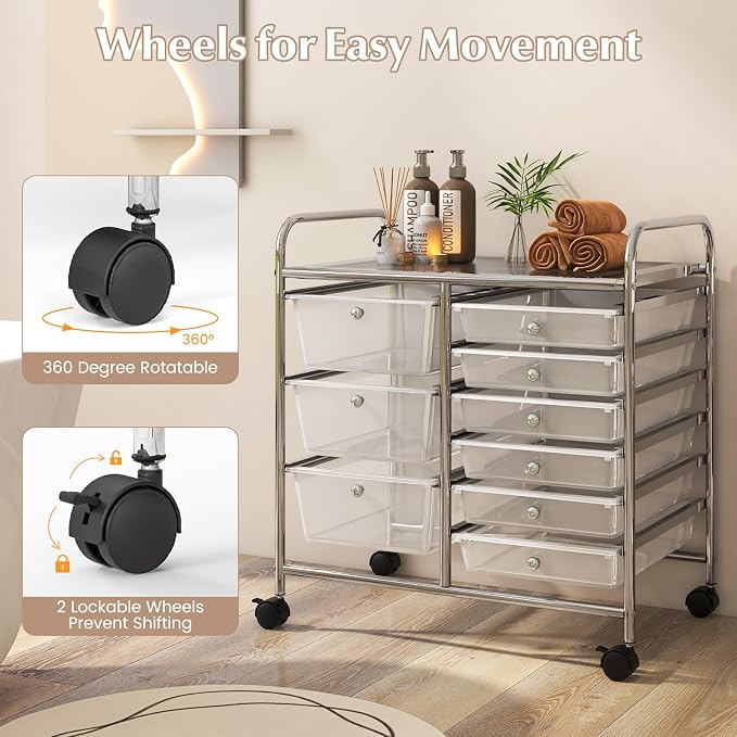 9 Drawer Rolling Storage Cart, Rolling Cart with Drawers for Classroom, Art Supply Craft Organizer on Wheel with Metal Frame & Handles for Home Office School