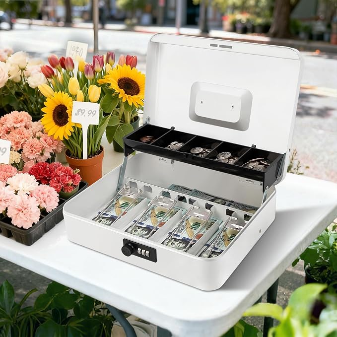 Jssmst Locking Large Metal Cash Box with Money Tray, Money Box with Combination Lock, White, SM-CB0511L