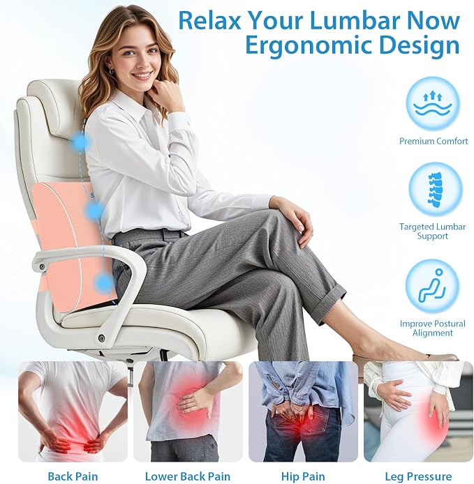 SweetSlubr Lumbar Support Pillow for Office Chair, Car & Gaming Chair, Ergonomic Memory Foam Cushion for Back Comfort, Zoned Back Support, Double Adjustable Straps, Breathable Washable Cover, Pink
