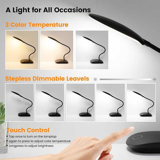 Portable Battery Powered Desk Lamp Small Rechargeable LED Table Light | 400 Lumen Eye Care,3 Color Temperatures,Stepless Touch Dimming,360° Adjustable for Nail Study Dorm Office Bedroom,Black 2 Pcs
