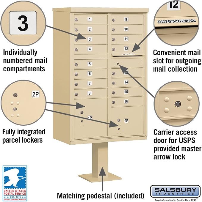 Salsbury Industries 3316SAN-U 16 A Size Doors, United States Postal Access Type III Cluster Box Unit, Sanstone
